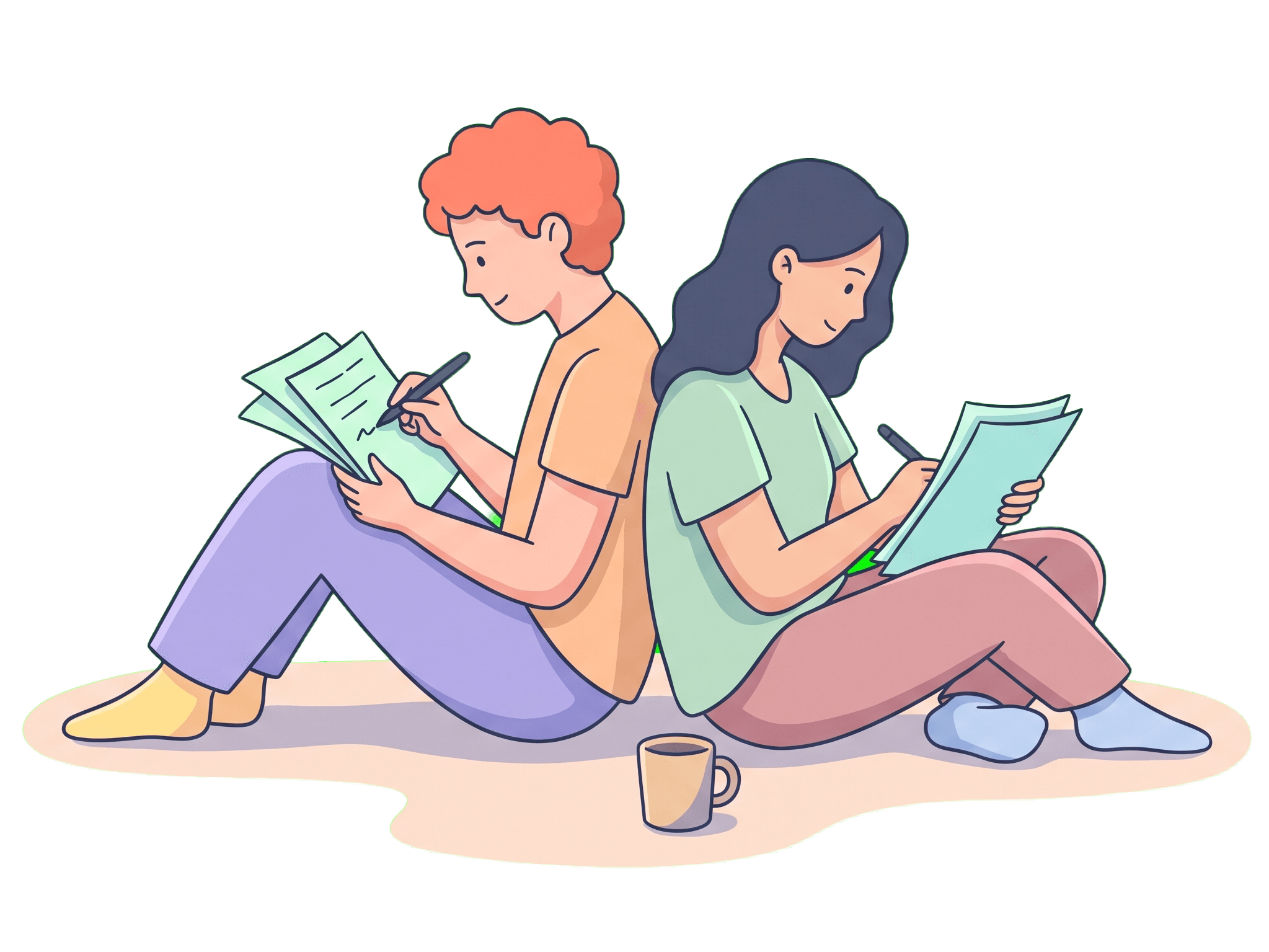 Two writers sitting together, reading and making notes on manuscripts